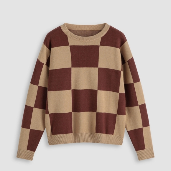 Baevely Sweaters - Checkered Brown and Tan Sweater